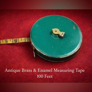 Antique Brass & Green Enamel 100 FT Measuring Tape Reel Early 1900s Vintage Tool